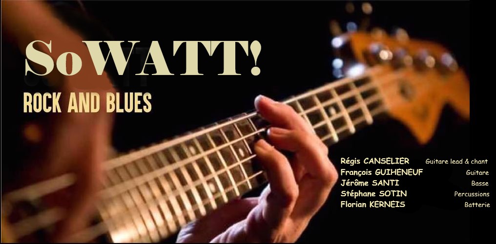 Logo avec guitare de SoWATT ,rock and blues, qui sera en concert au café-concert Le Centre à Saint Nazaire, vendredi soir, Saint marc sur Mer.